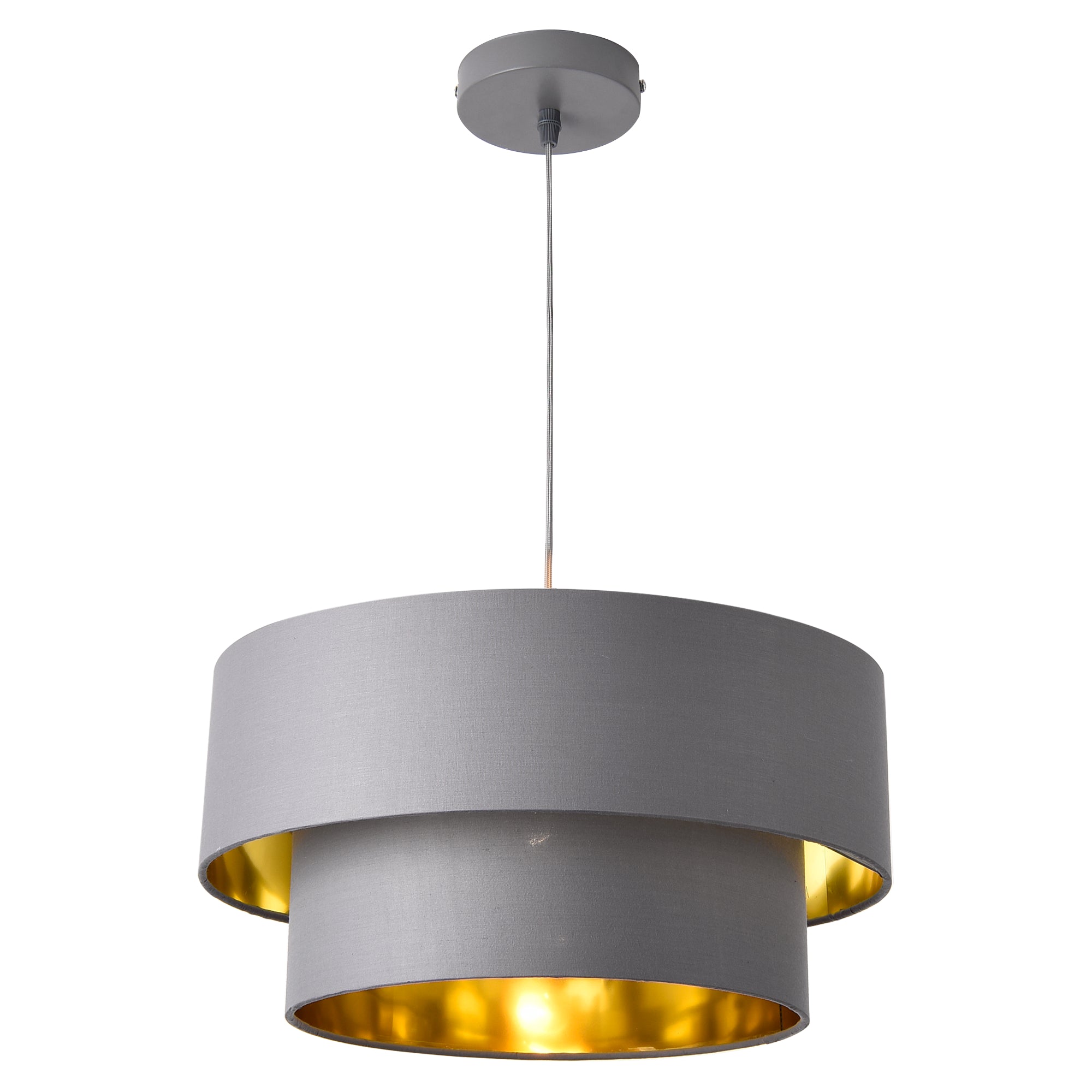 Lampada a Sospensione Lopar con Doppio Paralume in Tessuto Ø 40 cm - Grigio / Oro lux.pro