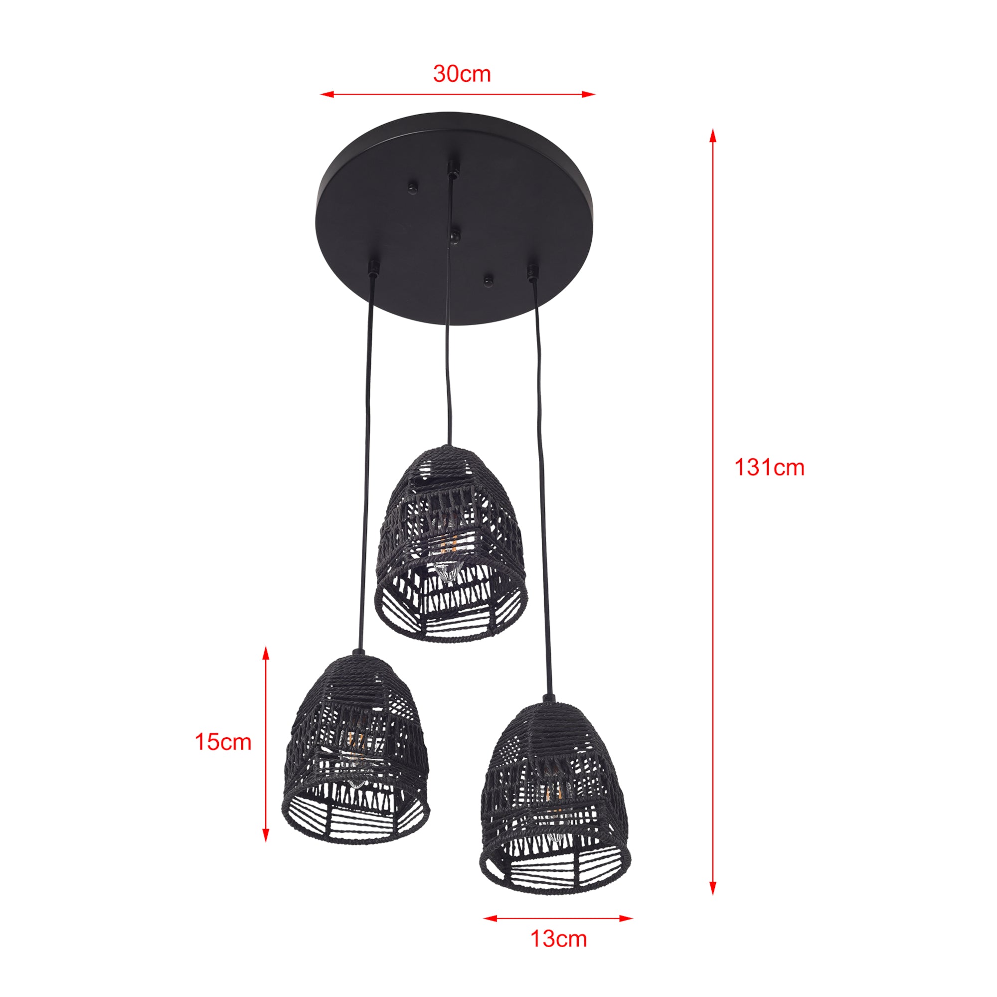 Lampada a Sospensione Andover con 3 Paralumi in Rattan - Nero lux.pro