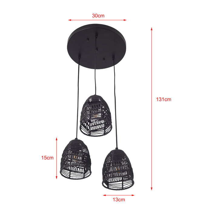 Lampada a Sospensione Andover con 3 Paralumi in Rattan - Nero lux.pro