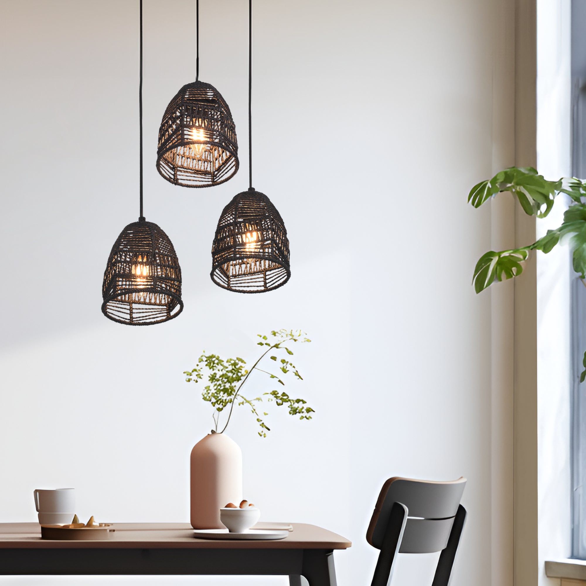 Lampada a Sospensione Andover con 3 Paralumi in Rattan - Nero lux.pro