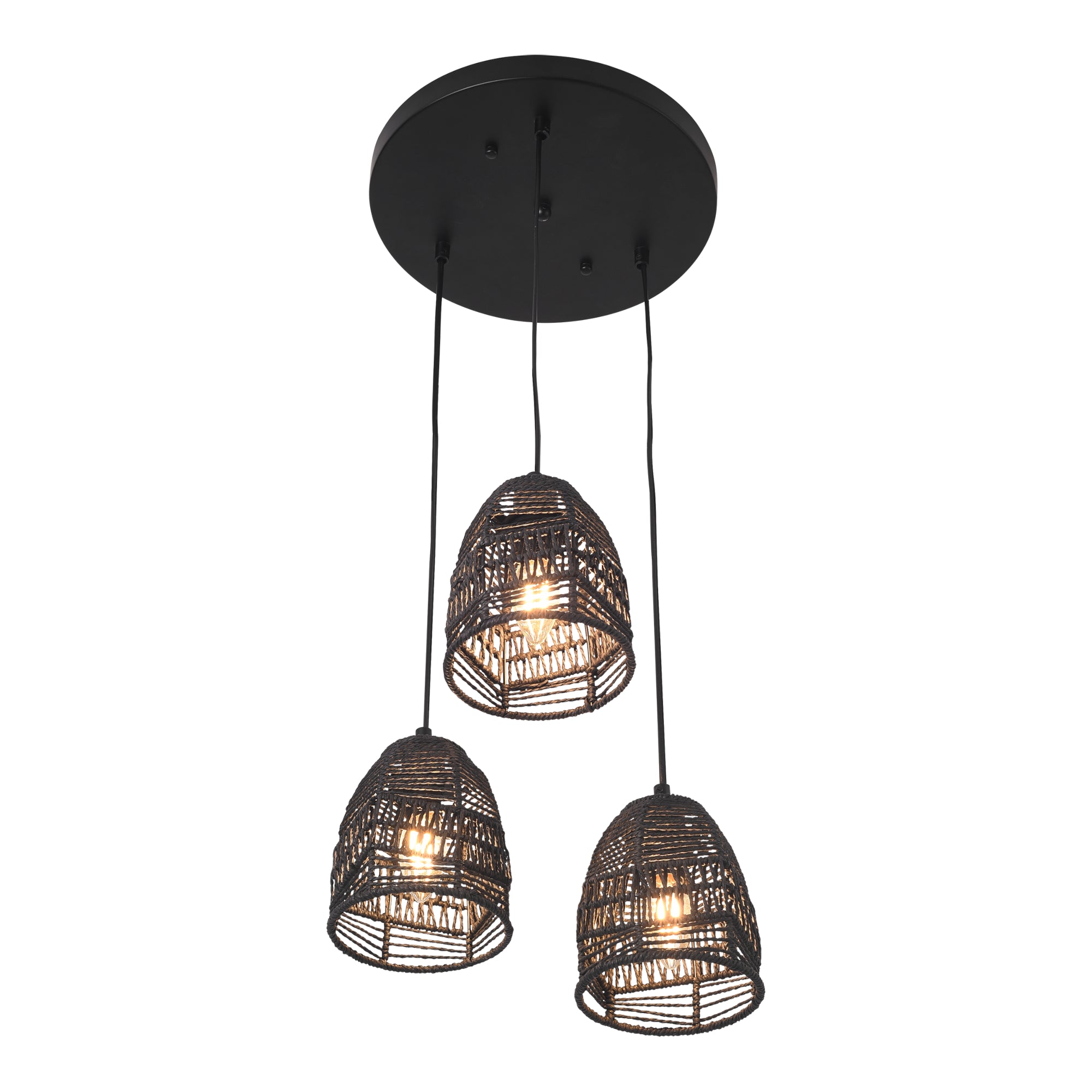 Lampada a Sospensione Andover con 3 Paralumi in Rattan - Nero lux.pro
