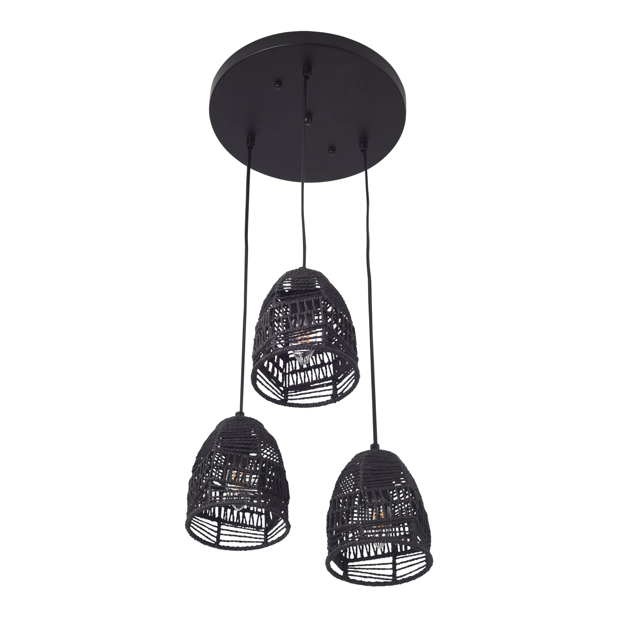 Lampada a Sospensione Andover con 3 Paralumi in Rattan - Nero lux.pro