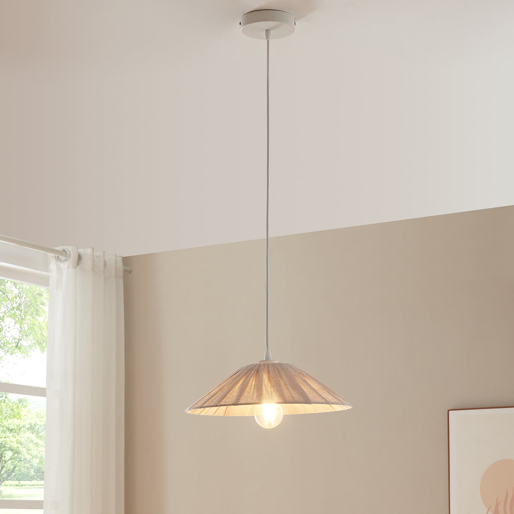 Lampada a Sospensione Bridge con Paralume a Cono Piatto in Tessuto Ø35 cm Beige lux.pro