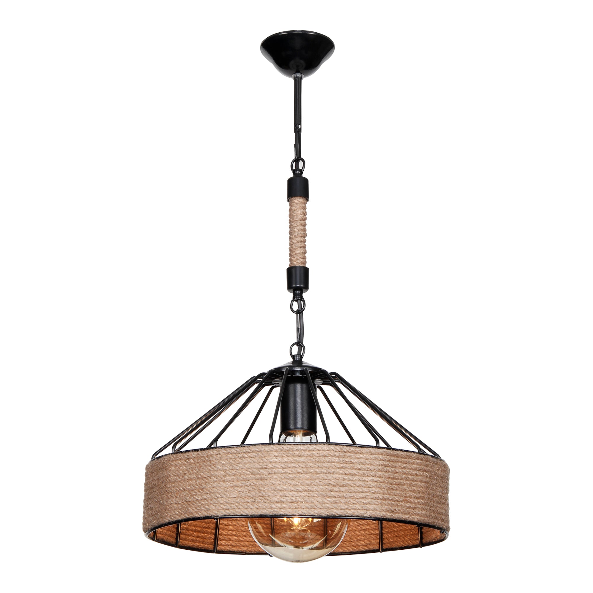 Lampada a Sospensione 'Bridgford' con Paralume in Metallo e Corda di Iuta - Nero/Naturale [lux.pro]