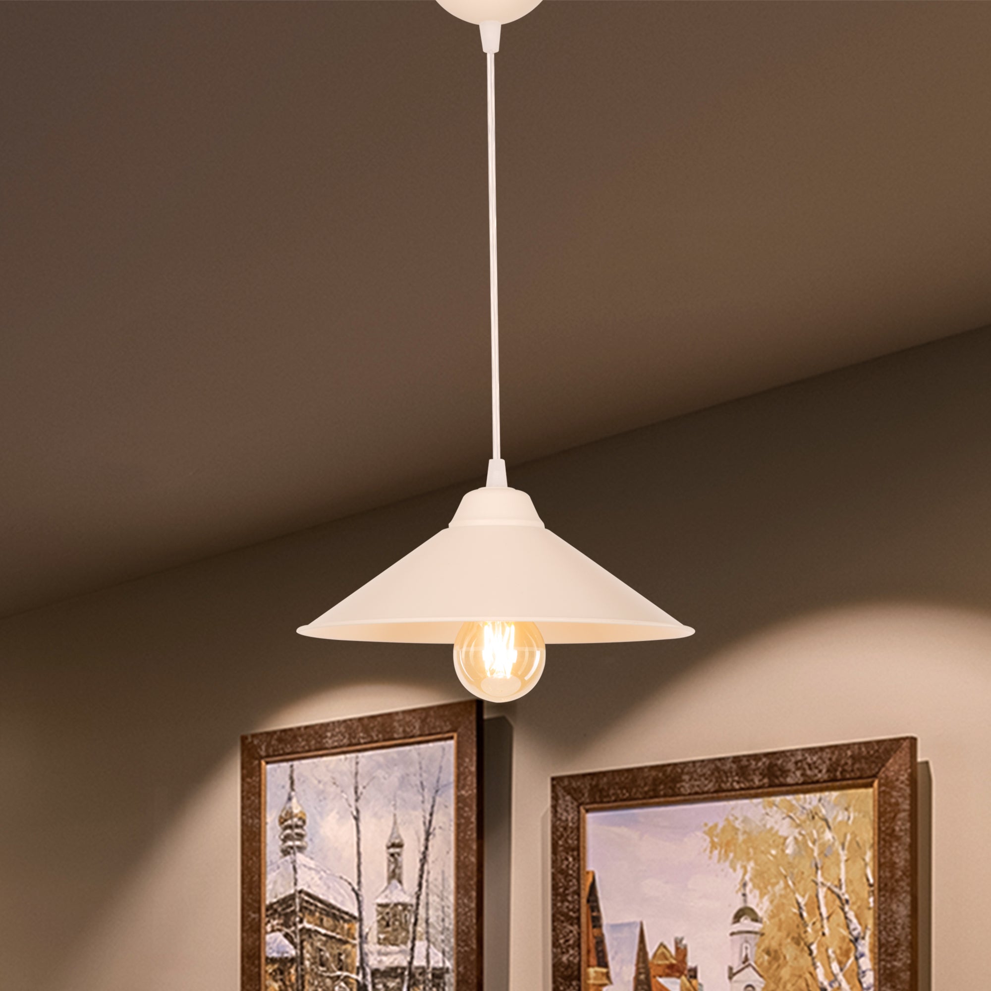 Lampada a Sospensione 'Hereford' con Paralume a Cono - Bianco/Crema [lux.pro]