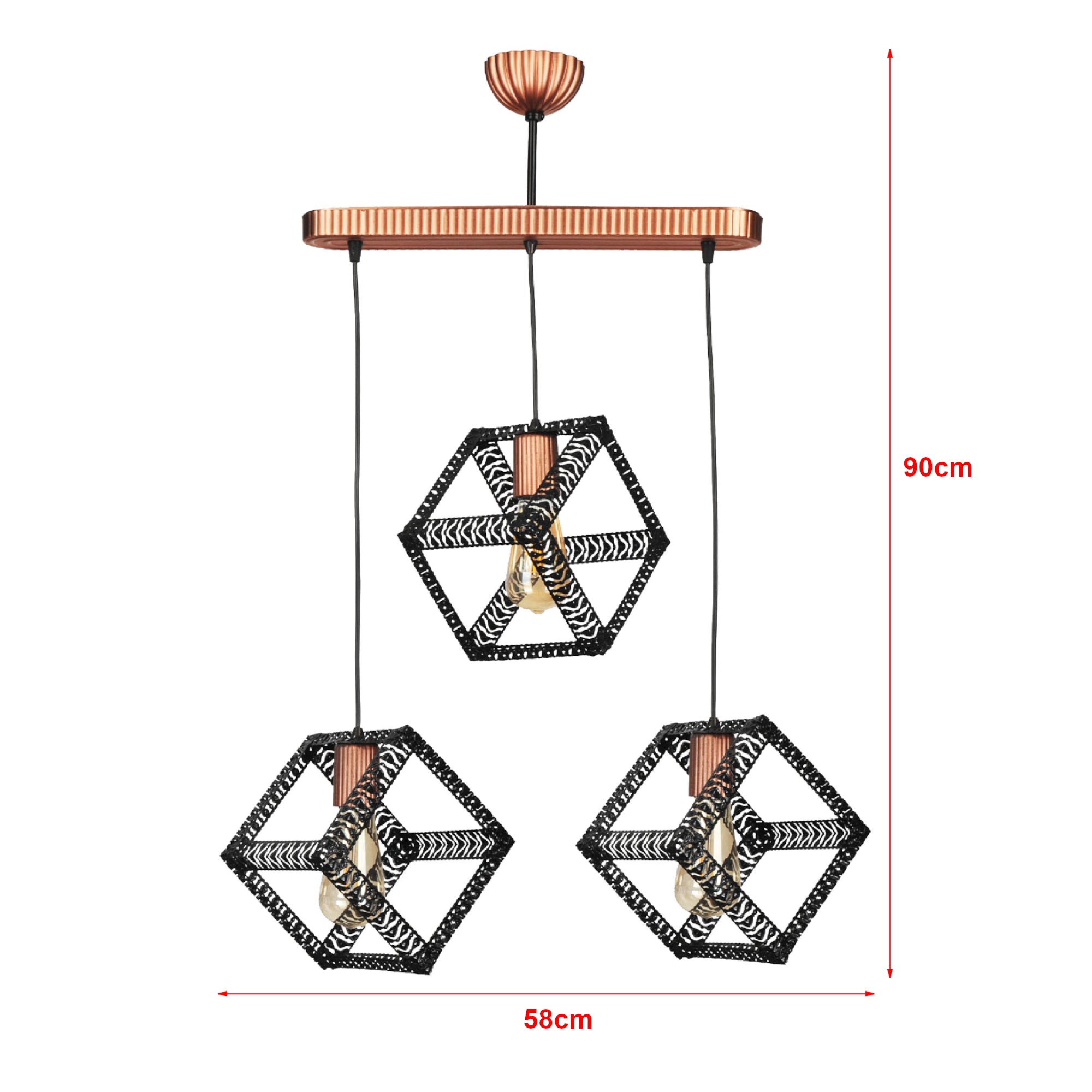Lampadario 'Diss' a 3 Fonti Luce Pendenti Lampada a Sospensione con Paralumi Aperti a Forma di Cubo - Nero / color Rame