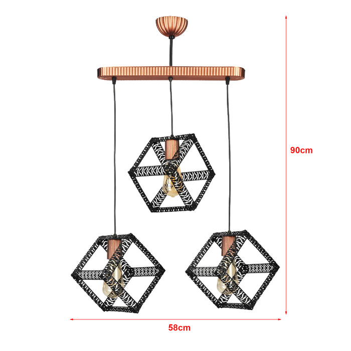 Lampadario 'Diss' a 3 Fonti Luce Pendenti Lampada a Sospensione con Paralumi Aperti a Forma di Cubo - Nero / color Rame
