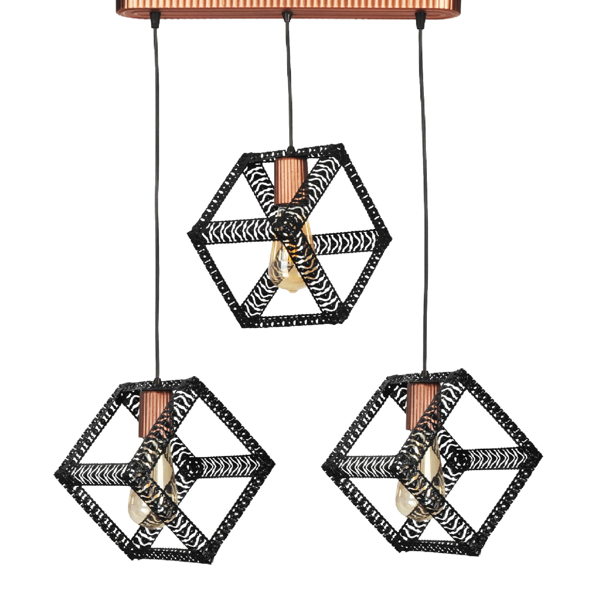 Lampadario 'Diss' a 3 Fonti Luce Pendenti Lampada a Sospensione con Paralumi Aperti a Forma di Cubo - Nero / color Rame