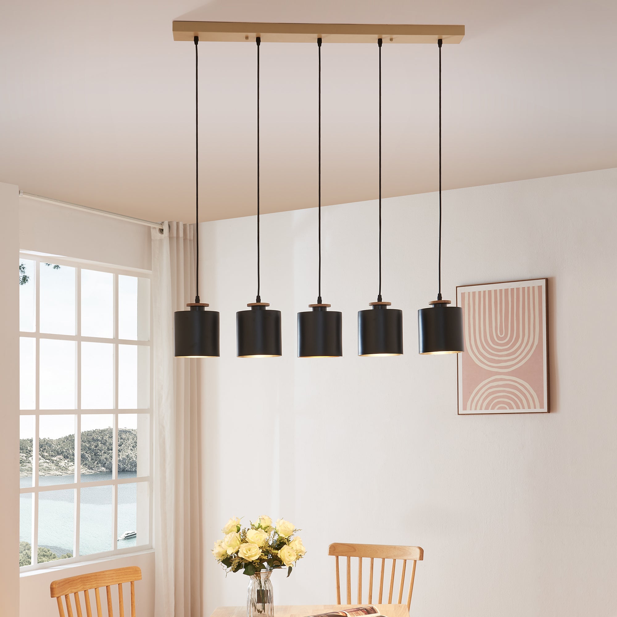 Lampada a Sospensione Posdand con 5 Paralumi in Metallo - color Legno / Nero lux.pro