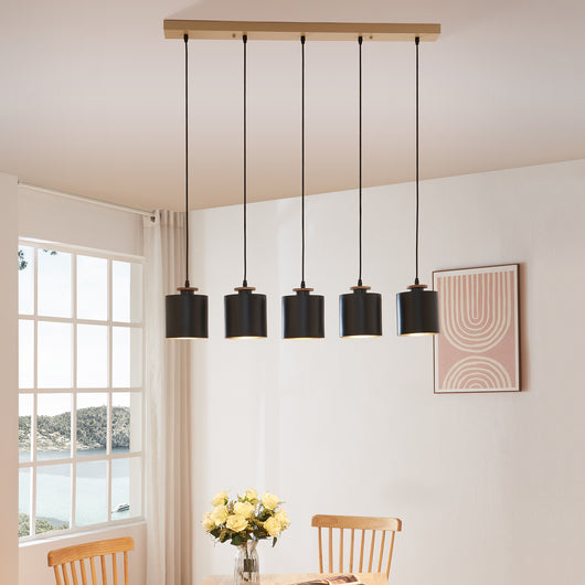 Lampada a Sospensione Posdand con 5 Paralumi in Metallo - color Legno / Nero lux.pro
