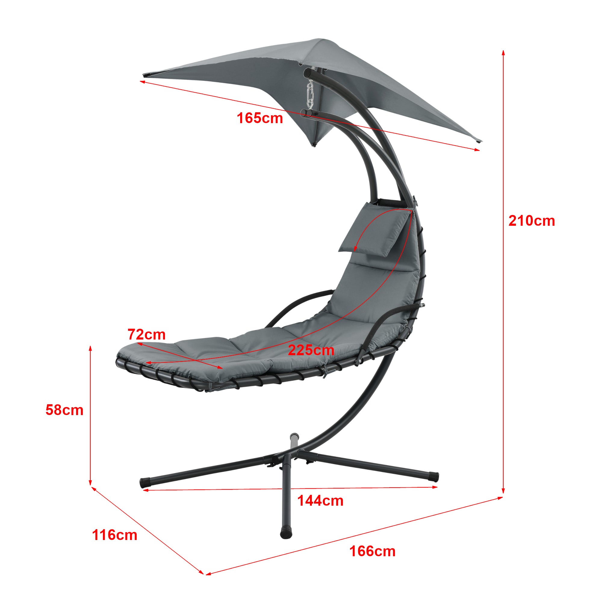 Lettino Prendisole Sospeso da Giardino/Piscina Sdraio Imbottito Telaio di Sostegno in Acciaio Nero con Tettuccio