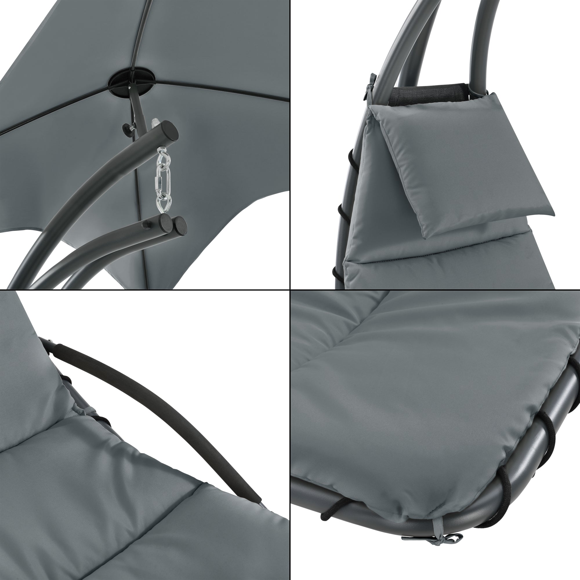 Lettino Prendisole Sospeso da Giardino/Piscina Sdraio Imbottito Telaio di Sostegno in Acciaio Nero con Tettuccio