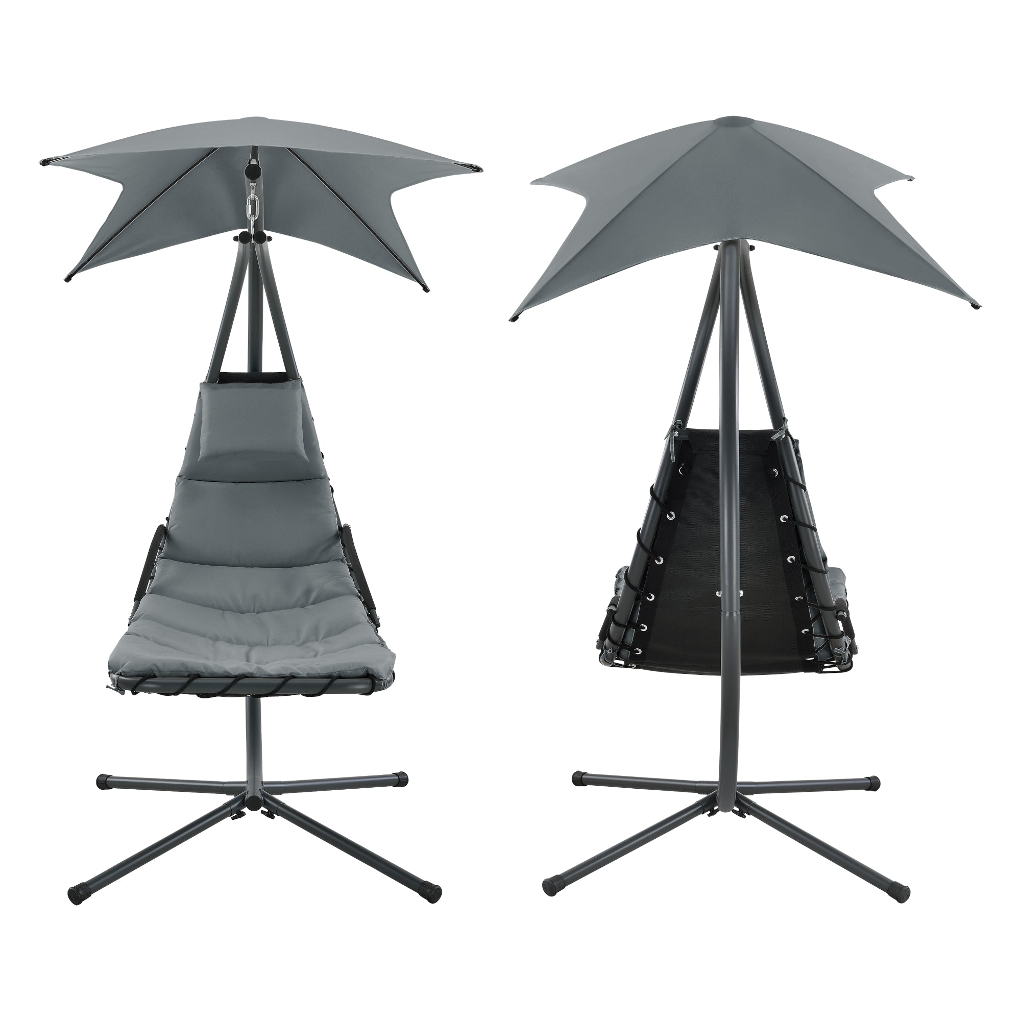 Lettino Prendisole Sospeso da Giardino/Piscina Sdraio Imbottito Telaio di Sostegno in Acciaio Nero con Tettuccio