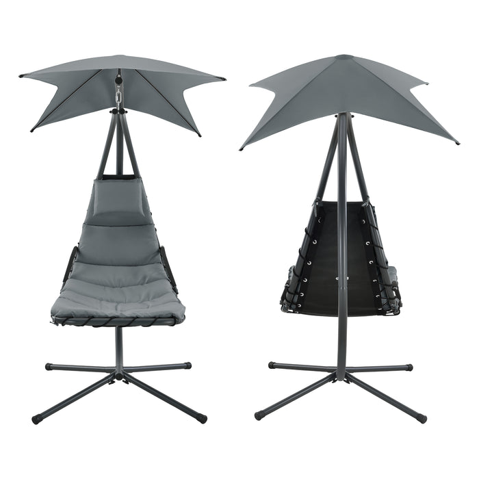 Lettino Prendisole Sospeso da Giardino/Piscina Sdraio Imbottito Telaio di Sostegno in Acciaio Nero con Tettuccio