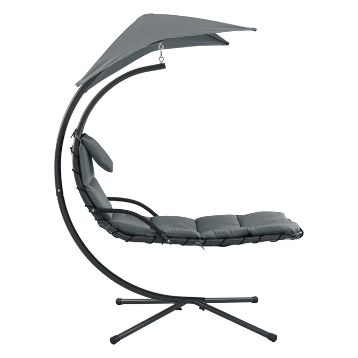 Lettino Prendisole Sospeso da Giardino/Piscina Sdraio Imbottito Telaio di Sostegno in Acciaio Nero con Tettuccio