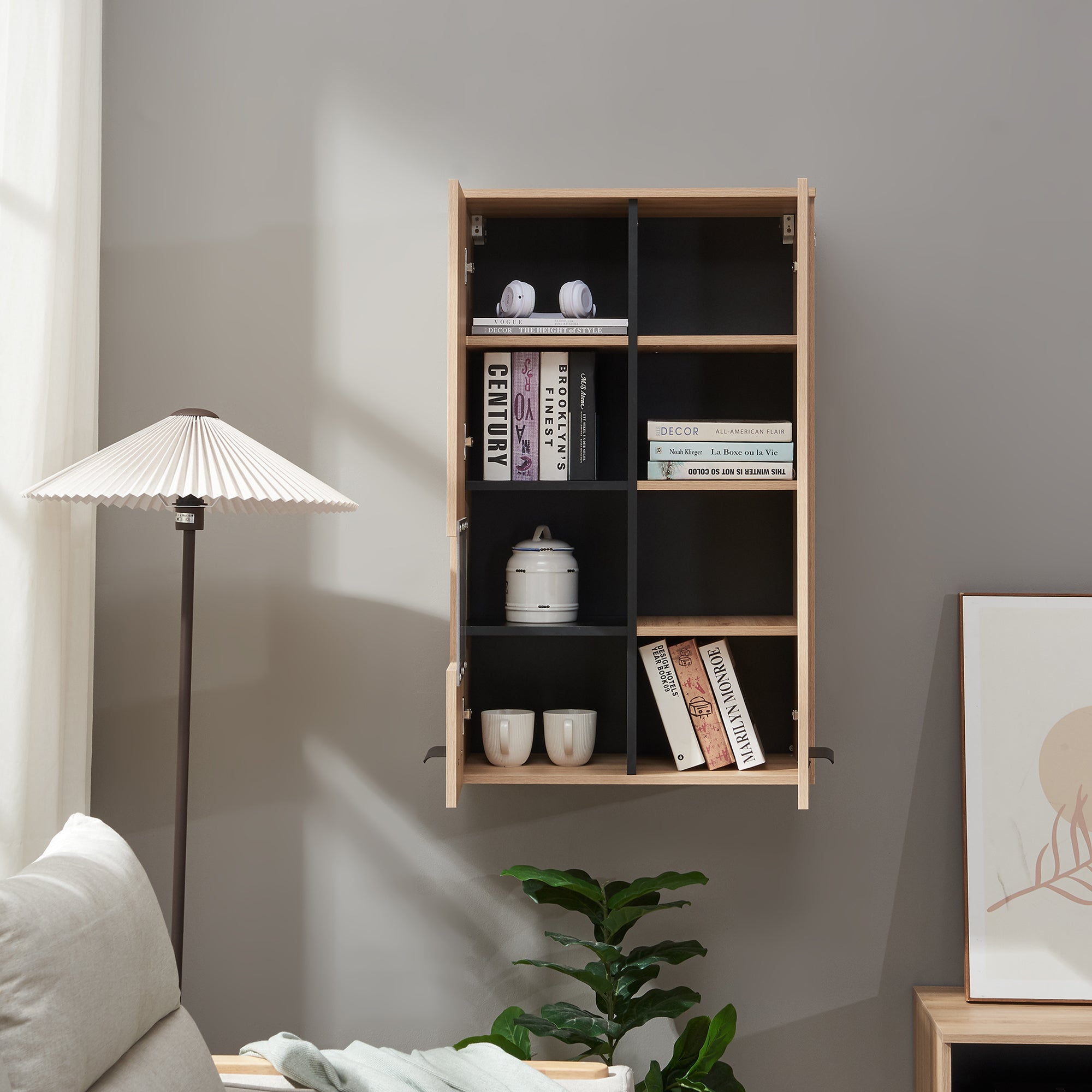 Mobile Pensile Noppen a Parete con 2 Ante e Finestrella 98 x 60 x 35 cm - Effetto Rovere [en.casa]