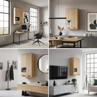 Mobile Pensile Noppen a Parete con 2 Ante e Finestrella 98 x 60 x 35 cm - Effetto Rovere [en.casa]