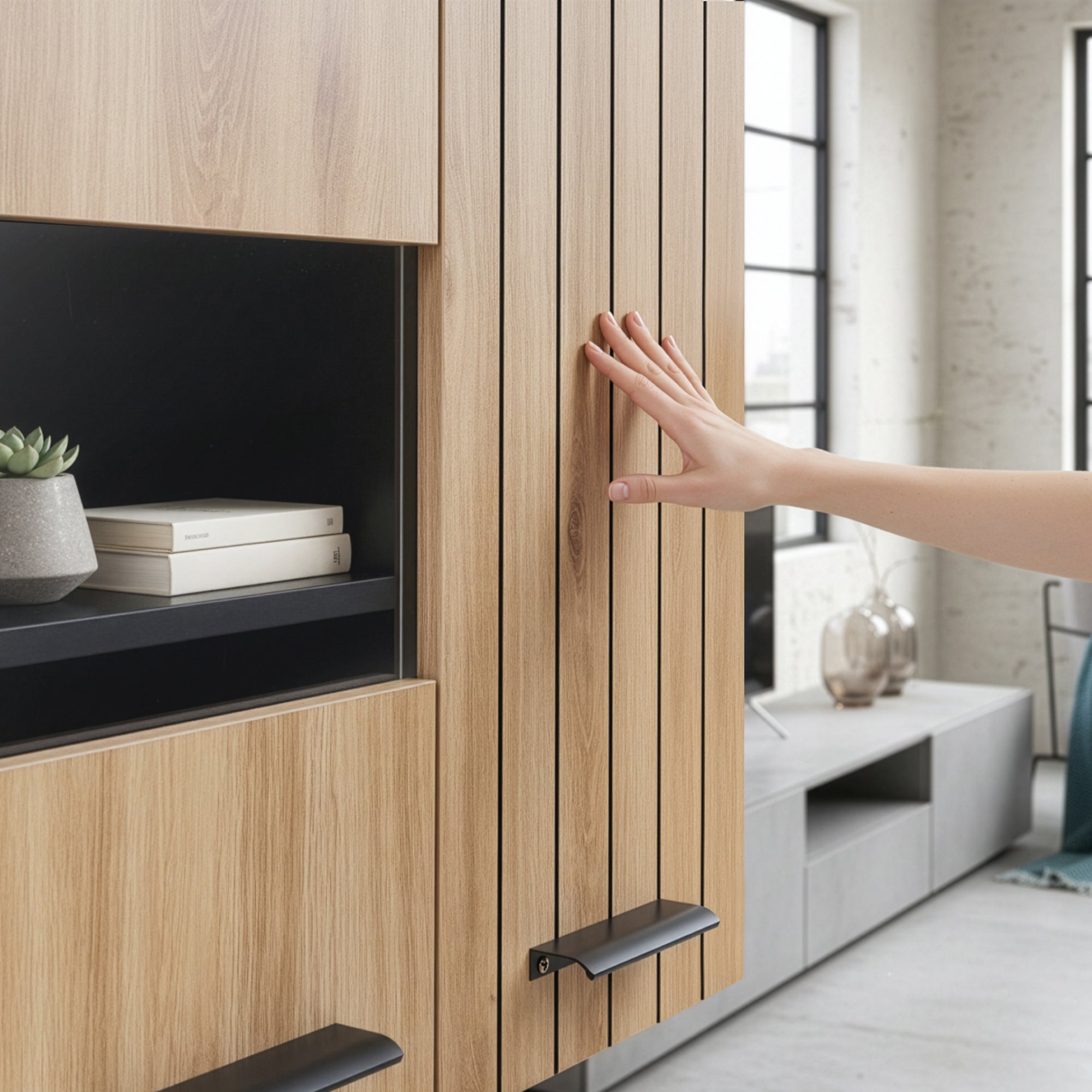 Mobile Pensile Noppen a Parete con 2 Ante e Finestrella 98 x 60 x 35 cm - Effetto Rovere [en.casa]