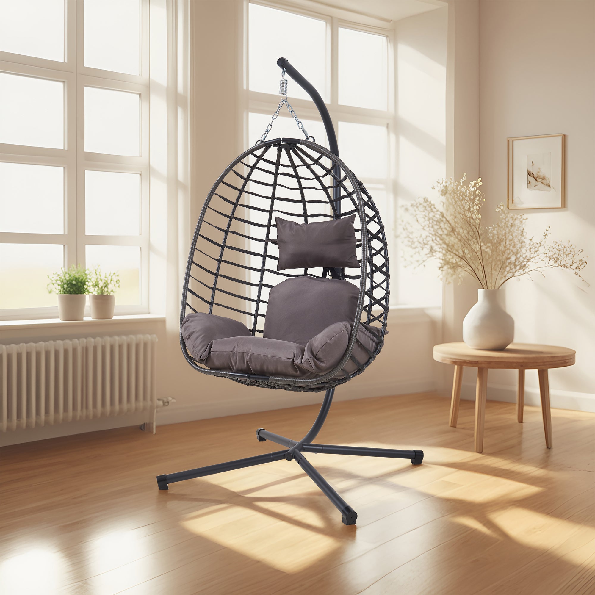 Poltrona Uovo Sospesa Kandsvas Supporto in Acciaio e Cuscini Inclusi - Grigio [en.casa]