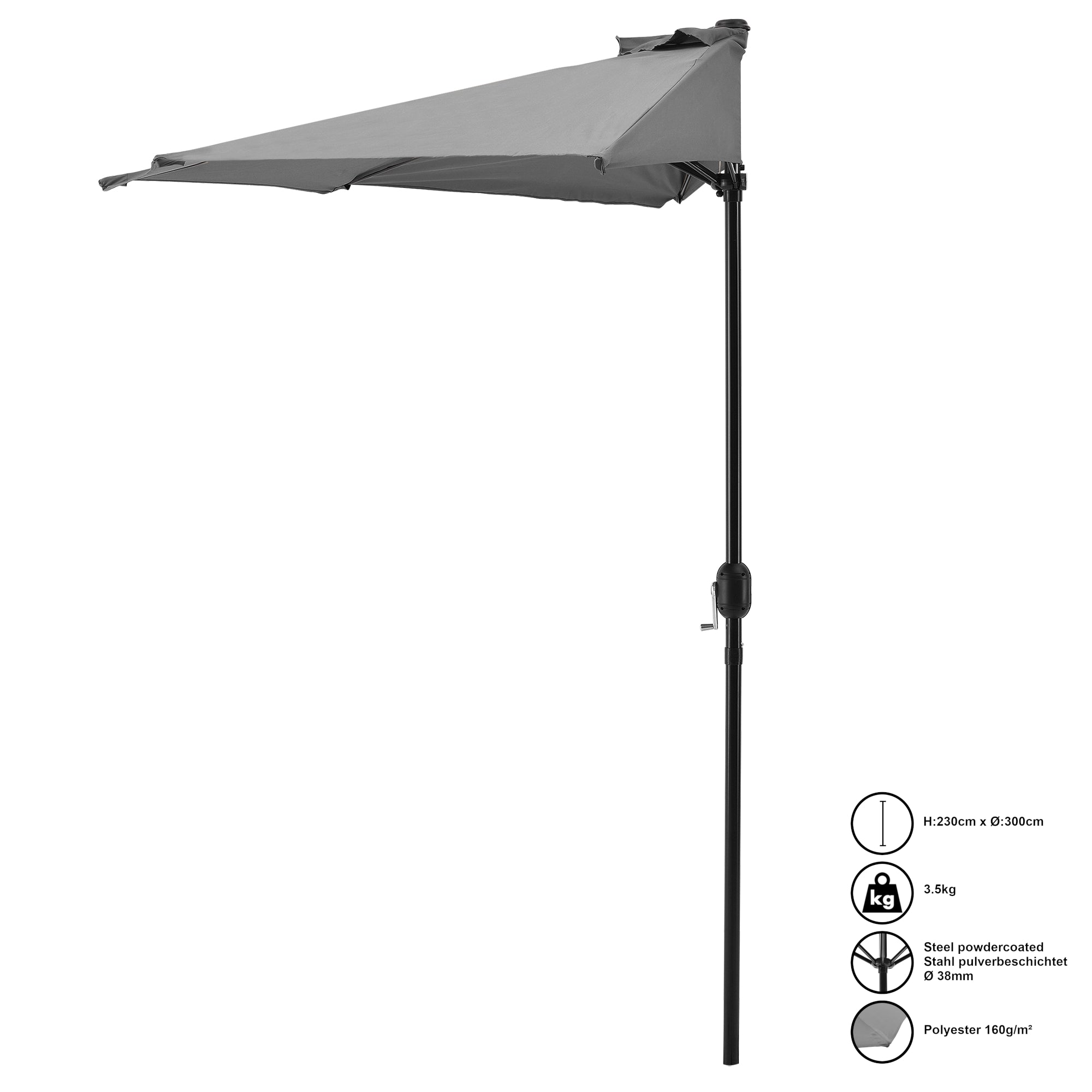 Ombrellone a Semicerchio Eger Parasole a Mezzaluna 300x150 cm Grigio casa.pro