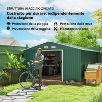 Casetta da Giardino con 2 Porte Scorrevoli e 4 Prese d'Aria in Acciaio, 340x386x200cm, Verde