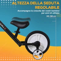 Bici Senza Pedali per Bambini da 2-5 Anni con Sellino Regolabile, Ruote Ausiliarie e Pedali, Nero