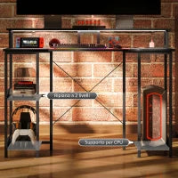 Scrivania per PC Reversibile con Prese Elettriche, Luci, Supporto Monitor e Scaffale, 120x50cm, Nero