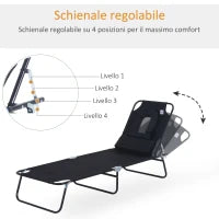 Sdraio Pieghevole Reclinabile su 4 Livelli con Foro per Lettura e Cuscino in Tessuto Oxford e Acciaio, 187x58x36 cm, Nero