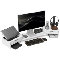 Alzata per Monitor da Scrivania per Computer da 60-116 cm con 2 Cassetti, Lunghezza e Angolo Regolabili, Bianco
