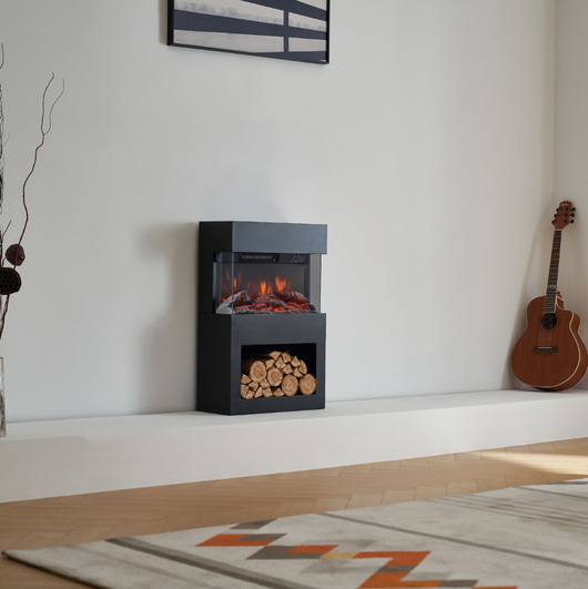 Camino elettrico HENRI - Stufa elettrica con riscaldamento, effetto fiamma 3D, vano portalegna, telecomando - Nero