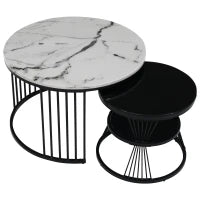Set 2 Tavolini da Salotto Moderni a Incastro, Design Marmo Lucido, Nero