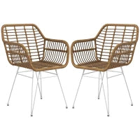 Set di 2 Sedie per Sala da Pranzo in Stile Bohémien con Seduta in Rattan Sintetico e Struttura in Acciaio, Marrone