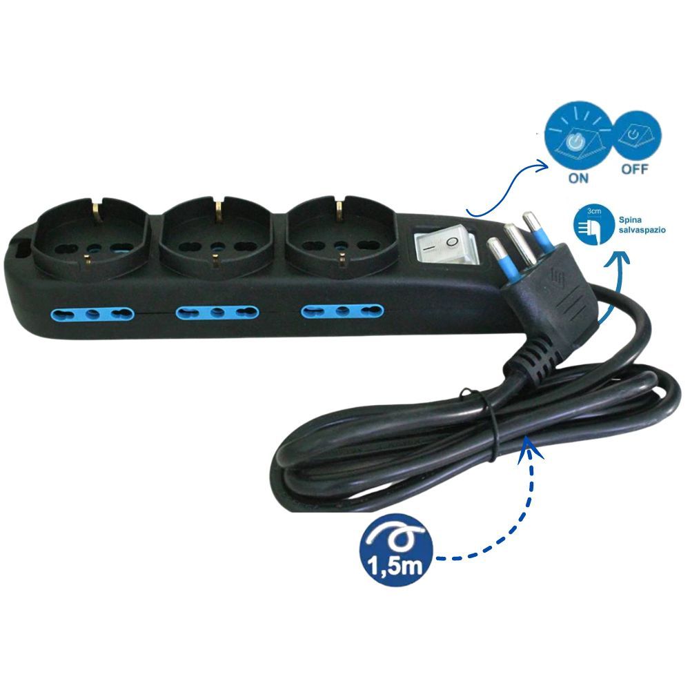 Multipresa 9 posti con 3 uscite polivalenti e 6 bipasso 10/16a lunghezza 1.5mt