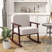 Poltrona a Dondolo in Tessuto Effetto Lino e Legno con Braccioli e Cuscini, 66x78x76 cm, Beige e Marrone