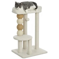 Torre per Gatti con Lettino, Piattaforma e Pallina Giocattolo, in Legno, Peluche e Iuta, 48.5x40x76 cm, Beige