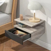 Set di 2 Comodini Sospesi Moderni con Cassetto e Mensola Superiore, 35x32x22.5cm, Rovere e Nero