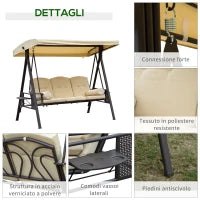 Dondolo da Giardino 3 Posti in Metallo, Dondolo da Esterno con Tetto Inclinabile e Cuscini Imbottiti, 208x121x172 cm, Beige