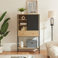 Credenza Tysnes con Scomparti Chiusi e Cassetti 140 x 80 x 40 cm - Effetto Rovere / Nero [en.casa]