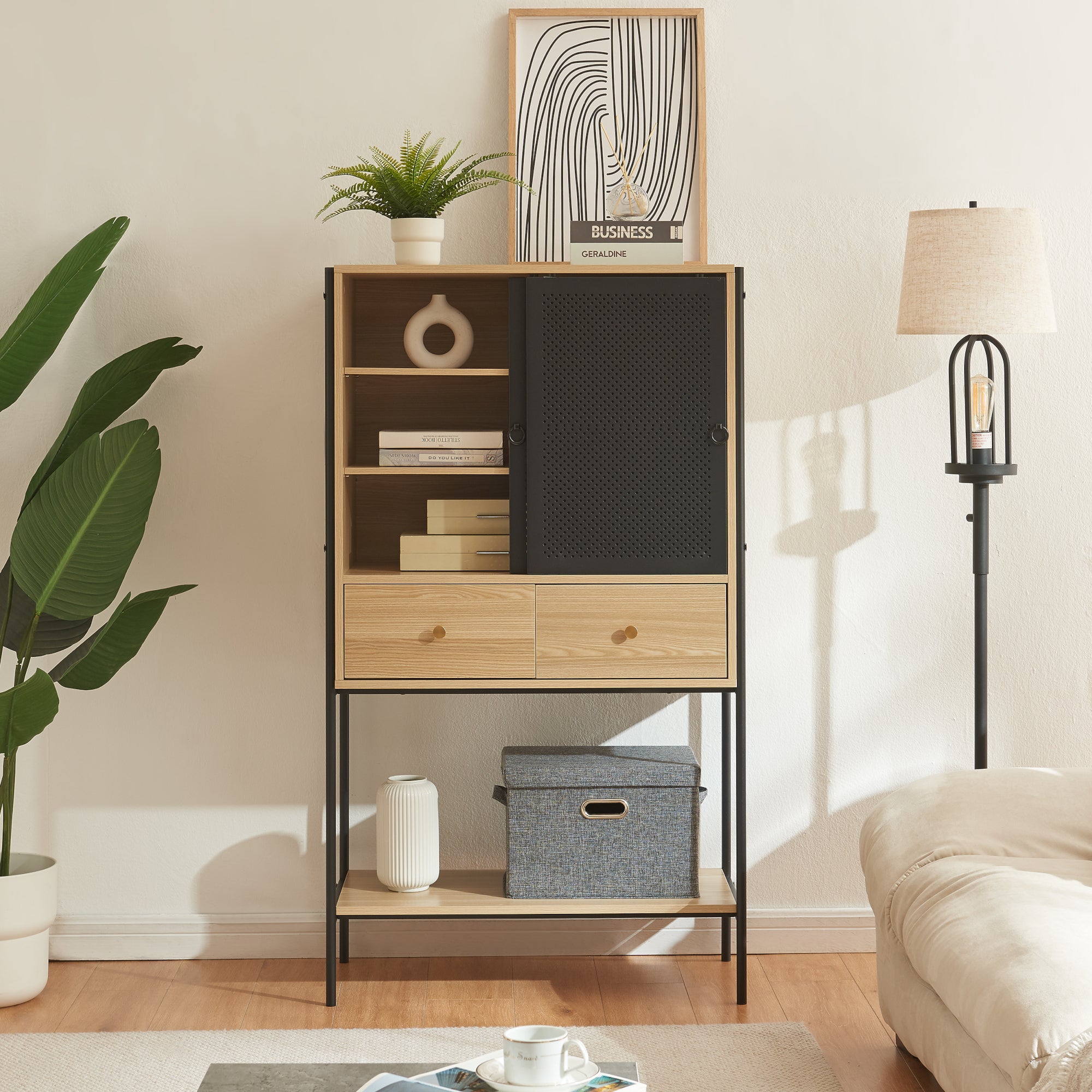 Credenza Tysnes con Scomparti Chiusi e Cassetti 140 x 80 x 40 cm - Effetto Rovere / Nero [en.casa]