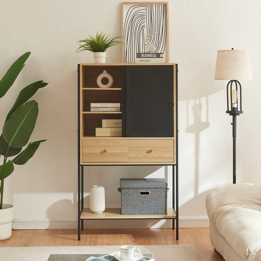 Credenza Tysnes con Scomparti Chiusi e Cassetti 140 x 80 x 40 cm - Effetto Rovere / Nero [en.casa]