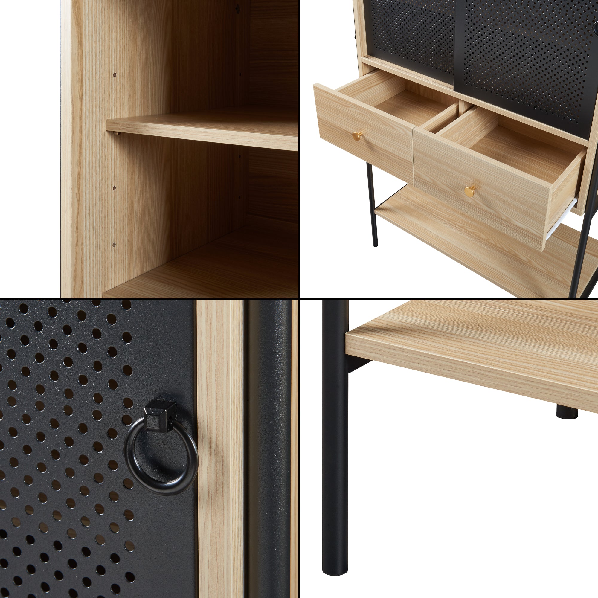 Credenza Tysnes con Scomparti Chiusi e Cassetti 140 x 80 x 40 cm - Effetto Rovere / Nero [en.casa]