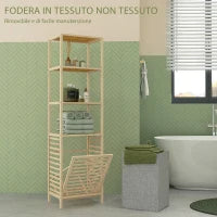 Colonna Bagno con 3 Ripiani in Legno di Bambù e Cesto Portabiancheria in Tessuto, 44x33x160cm