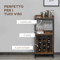 Mobile Portabottiglie Stile Industriale con Cantinetta Vini per 9 Bottiglie e Portacalici, Marrone