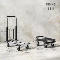 Carrello Portapacchi Pieghevole con Pedana Estensibile, Capacità 150 kg, Maniglia Regolabile, Argento