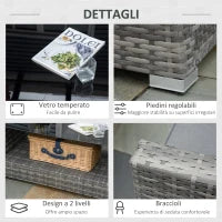 Set Mobili da Giardino in Rattan PE da 4 Pezzi, Salotto con Divano Angolare e Tavolino con Vetro, Cuscini Imbottiti e Sfoderabili, Grigio