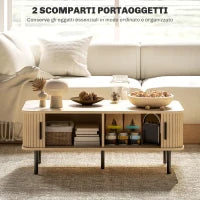 Tavolino da Caffè con 2 Ripiani Portaoggetti e Ante Scorrevoli, in Legno e Acciaio, 100x55x40 cm, Nero e Rovere