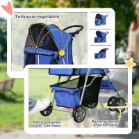 Passeggino per Cani Pieghevole in Tessuto con Cestino e Portabicchieri, 75x45x97 cm, Blu