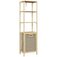 Colonna Bagno con 3 Ripiani in Legno di Bambù e Cesto Portabiancheria in Tessuto, 44x33x160cm