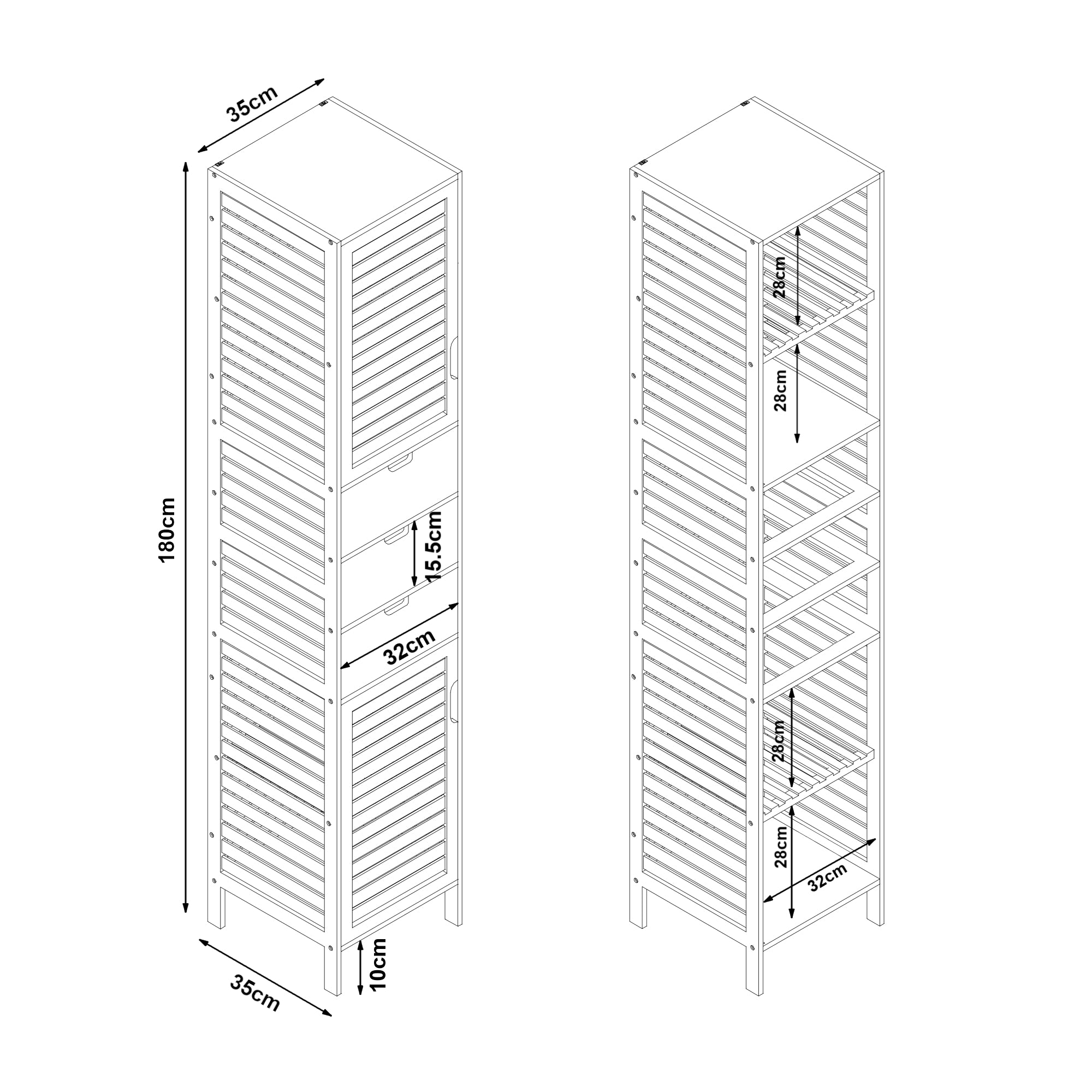 Mobile a Colonna da Bagno Boksereys con 3 Cassetti e Scomparti Chiusi 180 x 35 x 35 cm - Bambù Naturale [en.casa]