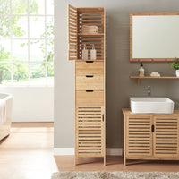 Mobile a Colonna da Bagno Boksereys con 3 Cassetti e Scomparti Chiusi 180 x 35 x 35 cm - Bambù Naturale [en.casa]